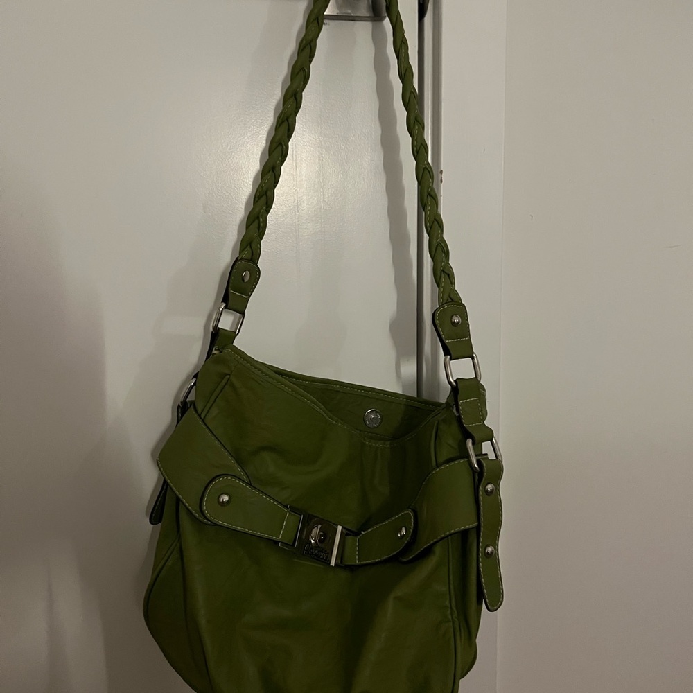 Rosetti Green Faux Leather Shoulder Bag with Braided Strap